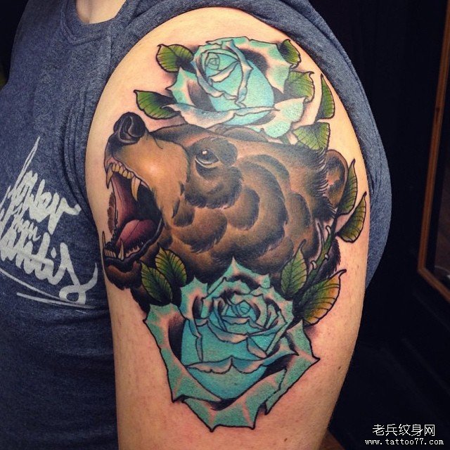 大臂欧美熊头玫瑰school纹身图案