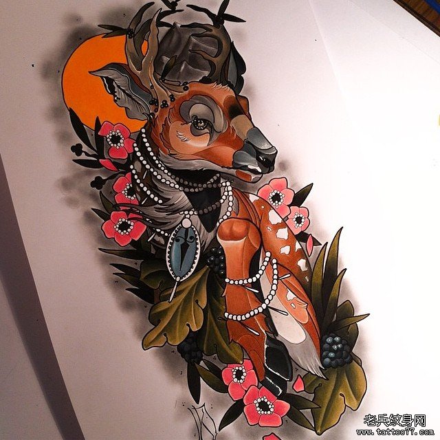 欧美school麋鹿宝石花卉纹身图案手稿