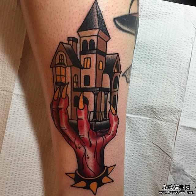小腿欧美school房子手纹身图案