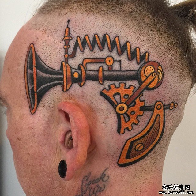欧美头部school喇叭机械纹身图案