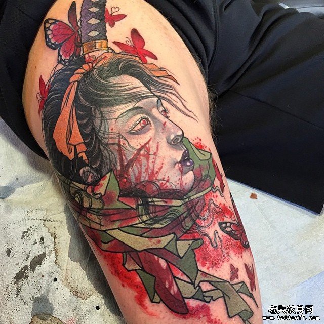 大臂日式传统生首蝴蝶纹身图案