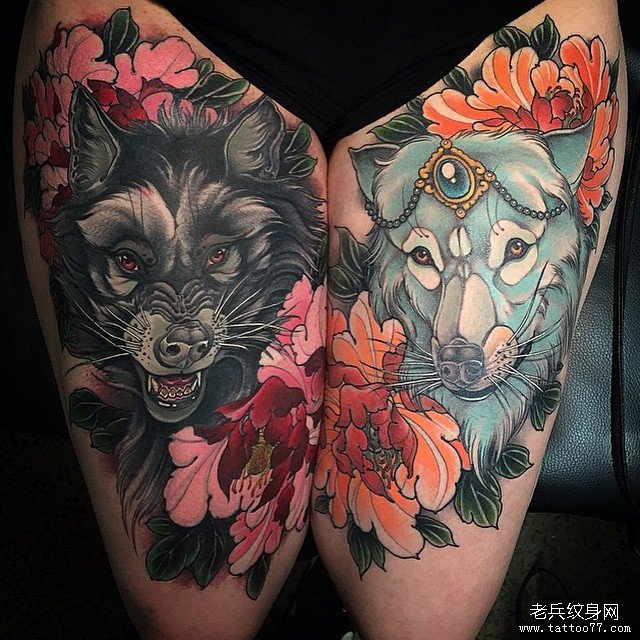 大腿欧美school狼头牡丹花性感纹身图案