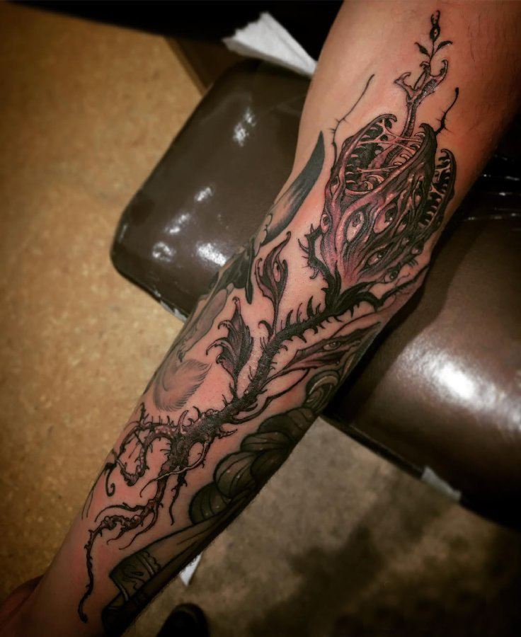 植物纹身  男生手臂上恐怖的食人花纹身图片