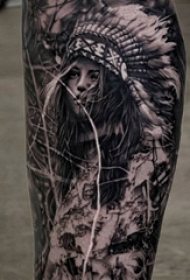 印第安人纹身 男生小腿上黑色的印第安人纹身图片