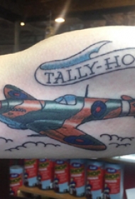大臂纹身图 男生大臂上彩色的战斗机纹身图片