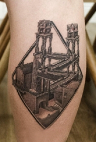 建筑物纹身  女生小腿上黑灰的建筑物纹身图片