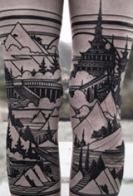 建筑物纹身 女生小腿上黑色的建筑物纹身图片