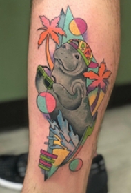 欧美小腿纹身 男生小腿上椰树和河马纹身图片缩略频道推荐图