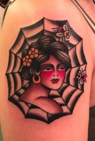 蜘蛛网纹身图案  女生手臂上人物和蜘蛛网纹身图片