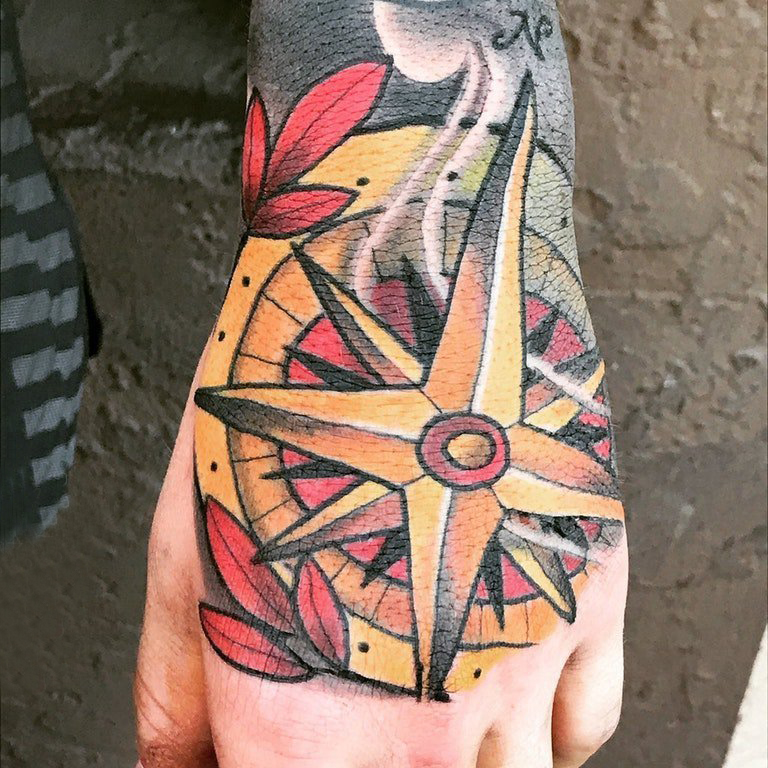 手背纹身 男生手背上彩色的指南针纹身图片