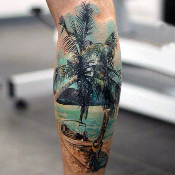 棕榈树纹身图案   绿意盎然的棕榈树纹身图案