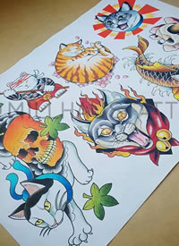 彩色猫咪等动物纹身手稿