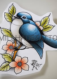 蓝色小鸟+樱花纹身手稿