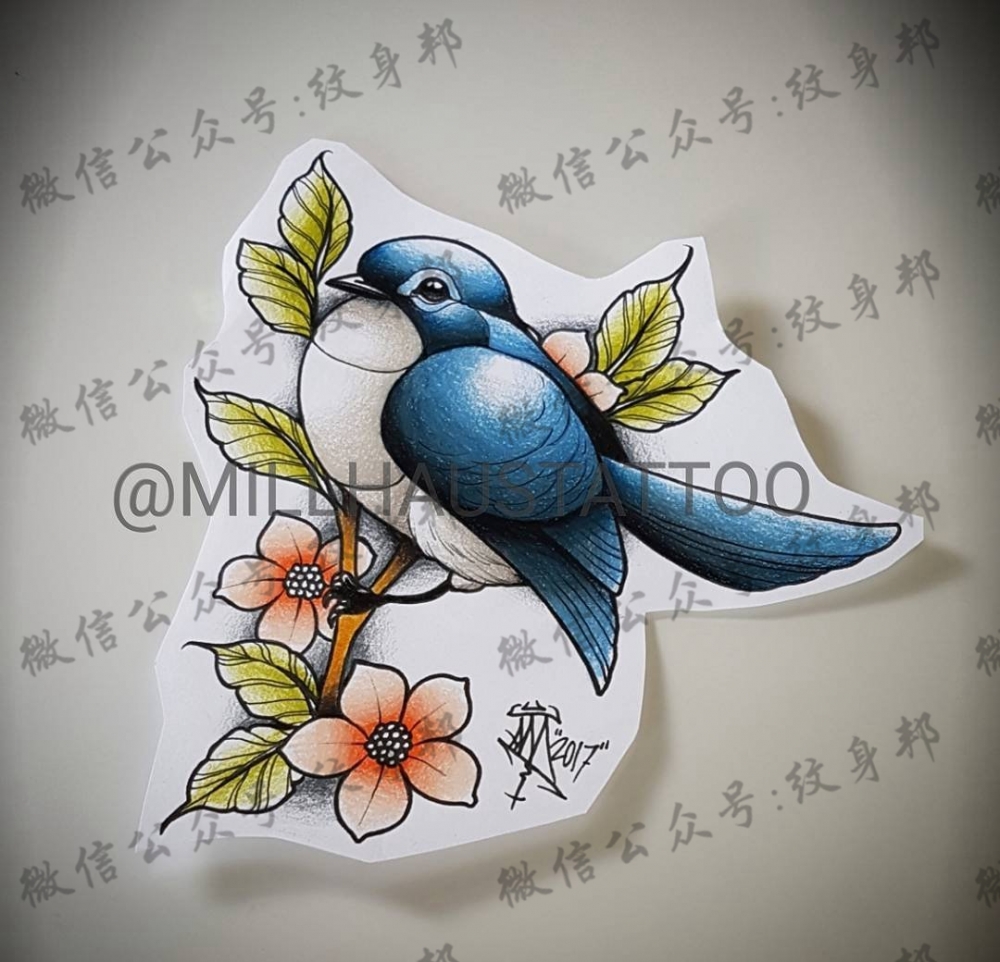 蓝色小鸟+樱花纹身手稿