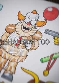 枪+小丑拿气球纹身手稿