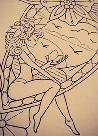 看书的女孩+花朵线条纹身手稿