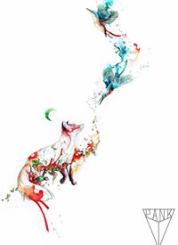 色彩小狐狸+两只鸟纹身手稿