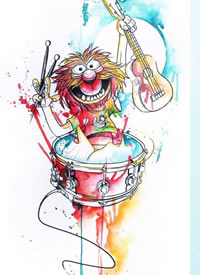 彩色卡通狮头+鼓+小提琴纹身手稿