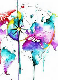 彩色指南针+地图刺青纹身手稿素材