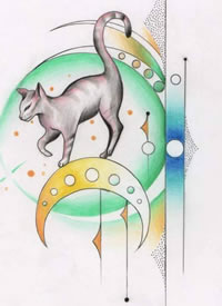 色彩猫咪+月亮纹身手稿