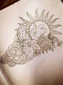 太阳+云朵+花朵纹身线稿
