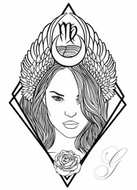 女性肖像+月亮+翅膀纹身手稿