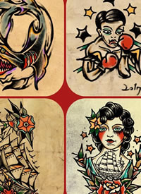 彩色人物肖像+帆船+鲨鱼纹身手稿