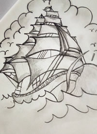 黑白帆船+云朵纹身线稿