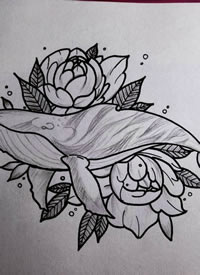 黑白鲸鱼+花朵纹身手稿