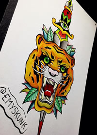 彩色老虎头+匕首纹身手稿