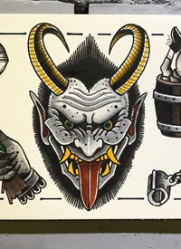 彩色带羚羊角的般若纹身手稿