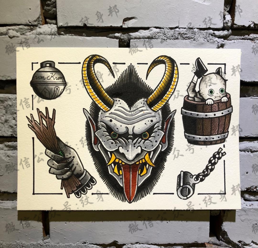 彩色带羚羊角的般若纹身手稿