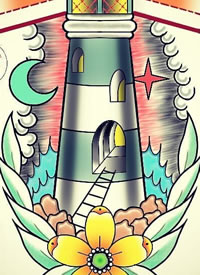 彩色灯塔+花朵+月亮星星纹身手稿