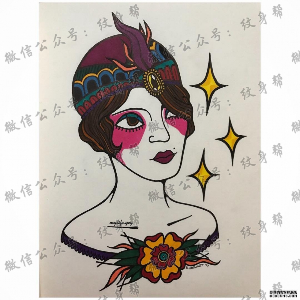 彩色欧美女郎人物肖像手稿