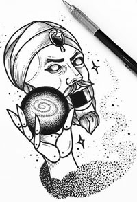 点刺手握星球的印度人物纹身手稿