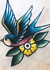 彩色采花的燕子纹身手稿