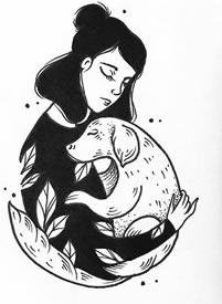 黑色抱小狗的女孩纹身手稿图案