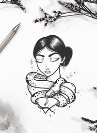 一款女性肖像+蛇纹身手稿