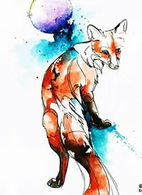 一张彩色狐狸纹身手稿