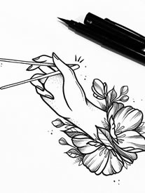 一张花朵中拿筷子的手纹身线稿