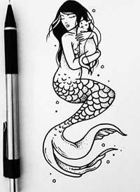 一张抱猫的美人鱼纹身手稿