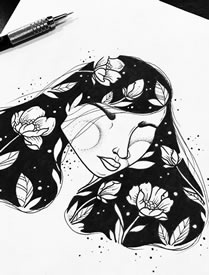 三张黑灰女郎肖像纹身手稿