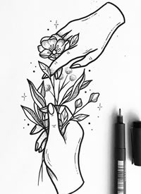 拿着花的两只手手稿图