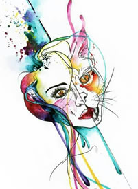 一张彩色人脸肖像+猫咪抽象纹身手稿