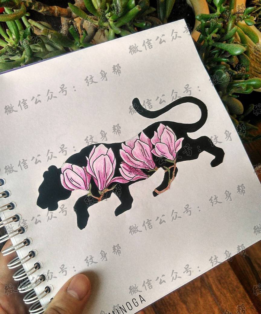 豹子玉兰花纹身手稿