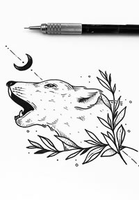 线条豹子月亮纹身手稿