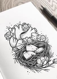 鸟巢花卉心脏纹身手稿