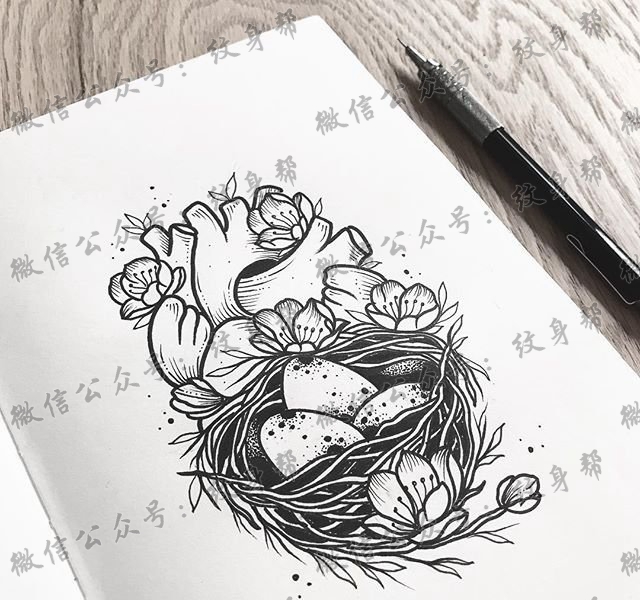 鸟巢花卉心脏纹身手稿