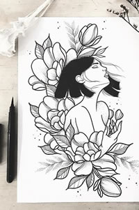 短发女孩手稿纹身图案