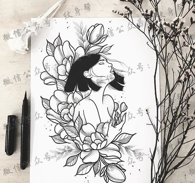 短发女孩手稿纹身图案